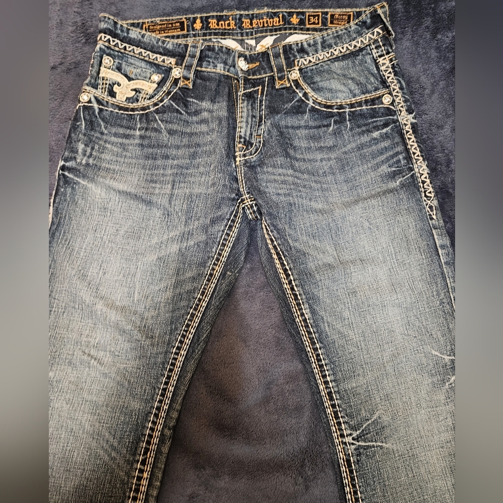 Men's Rock Revival McCoy Blue Denim Straight Leg Jeans Size 34
